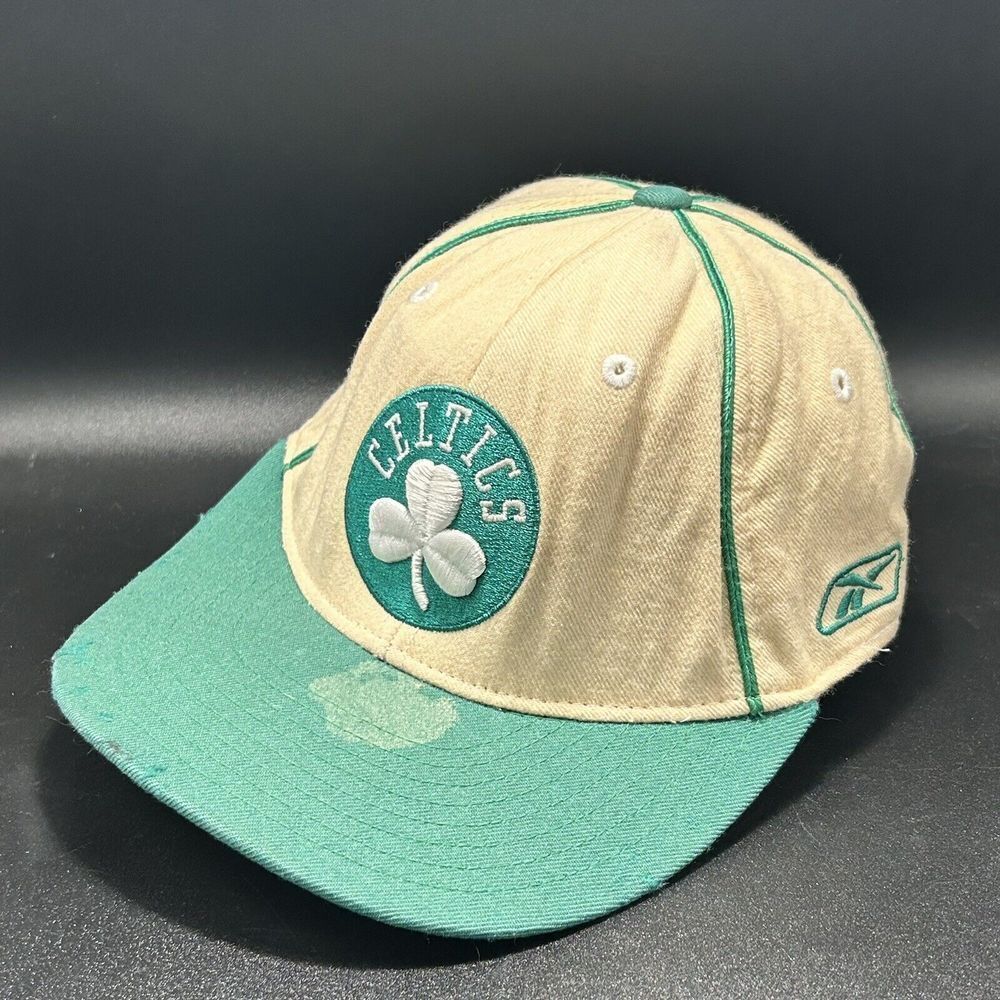 Vintage Boston Celtics Wool Hat Unisex Reebok NBA Beige Green Stains